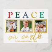 文字カラフル3写真Peace On Earthシック金ゴールド 箔シーズンポストカード (正面)