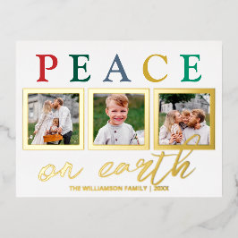 文字カラフル3写真Peace On Earthシック金ゴールド 箔シーズンポストカード