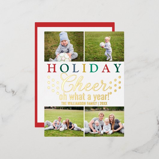 文字カラフル4フォトホリデー応援シック金ゴールド 箔シーズンポストカード (正面/裏面)