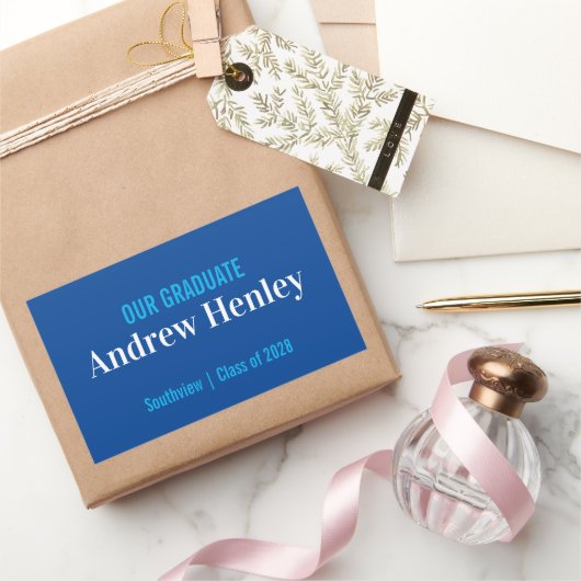 文字シンプルブルーとホワイト卒業パーティーのお願い 長方形シール (ギフト)