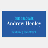 文字シンプルブルーとホワイト卒業パーティーのお願い 長方形シール (正面)