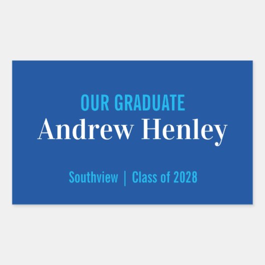 文字シンプルブルーとホワイト卒業パーティーのお願い 長方形シール (正面)