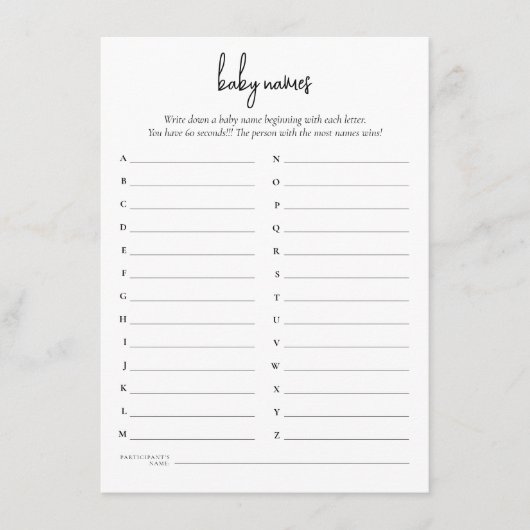 文字シンプルベビーネームシャワーゲームカード 招待状 (正面)