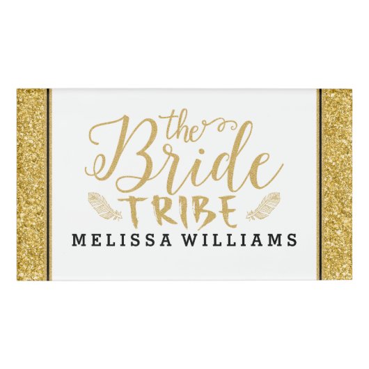 文字デザインな金ゴールドのGlitterTheの花嫁の種族モダン 名札 (正面)