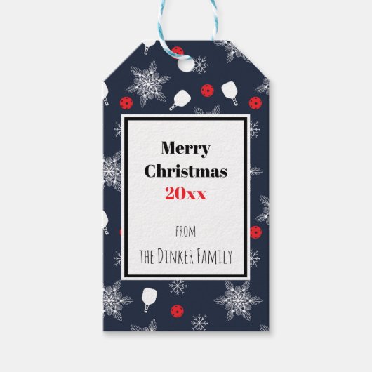 文字ネイビーカスタムブルー💙ピックボールのクリスマス ギフトタグ (正面)
