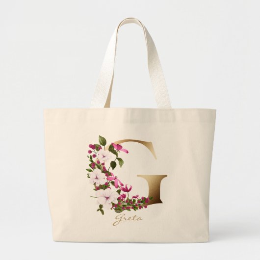 文字パーソナライズされたGフローラエレガント金ゴールドモノグラム ラージトートバッグ (正面)