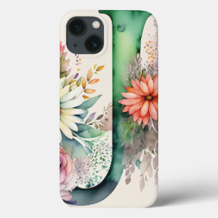 文字パーソナライズされたJエレガントフローラ水色 iPhone 13ケース