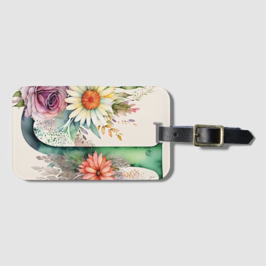 文字パーソナライズされたJデイジーフローラ水色 ラゲッジタグ (正面横)