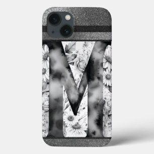 文字パーソナライズされたMエレガントフローラ水色 iPhone 13ケース