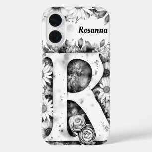 文字パーソナライズされたRエレガントフローラ水色 iPhone 16ケース