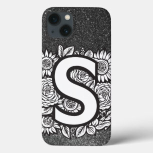 文字パーソナライズされたS白黒グリッター iPhone 13ケース