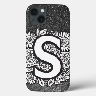 文字パーソナライズされたS白黒グリッター iPhone 13ケース