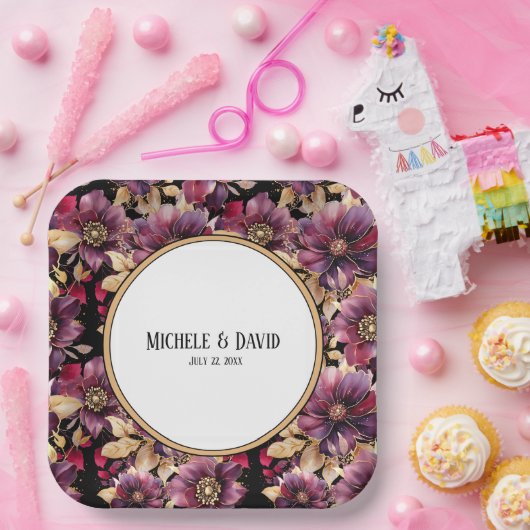 文字ブラック金ゴールドブルゴーニュフローラルパター縁どン ペーパープレート (パーティー)