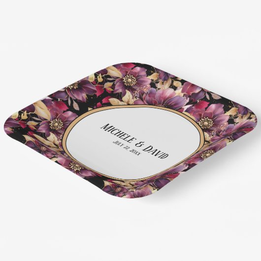 文字ブラック金ゴールドブルゴーニュフローラルパター縁どン ペーパープレート (傾斜あり)