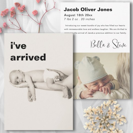 文字モダンが到着した写真ベビーの発表 案内状