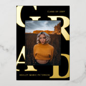 文字モダン黒の金ゴールド写真の卒業 箔招待状 (正面)