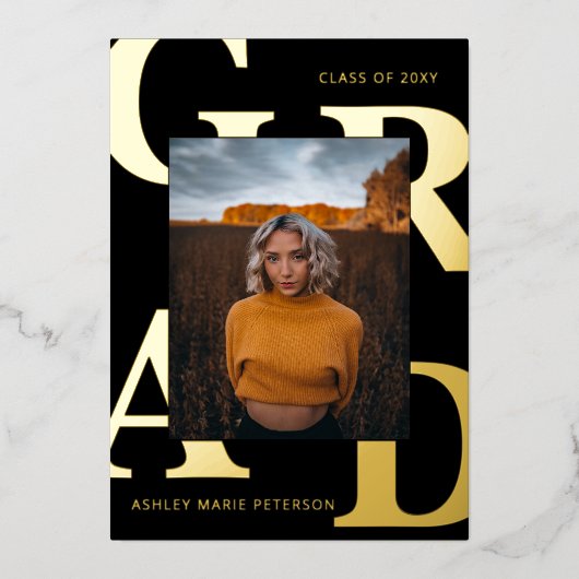 文字モダン黒の金ゴールド写真の卒業 箔招待状 (正面)