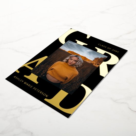 文字モダン黒の金ゴールド写真の卒業 箔招待状 (回転した状態)