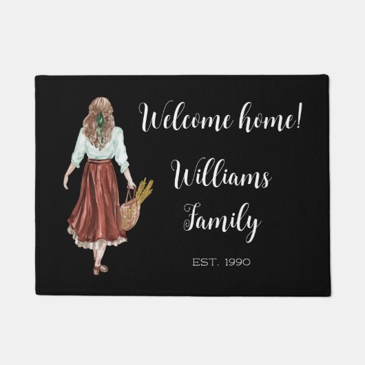 文字モノグラムのエレガント水彩女性ブラック ドアマット (正面)