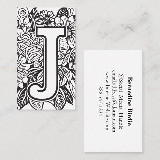 文字モノグラムのJシンプル白黒フローラ 名刺 (正面/裏面)