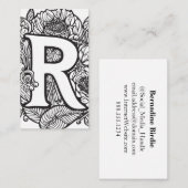 文字モノグラムのRシンプル白黒フローラ 名刺 (正面/裏面)