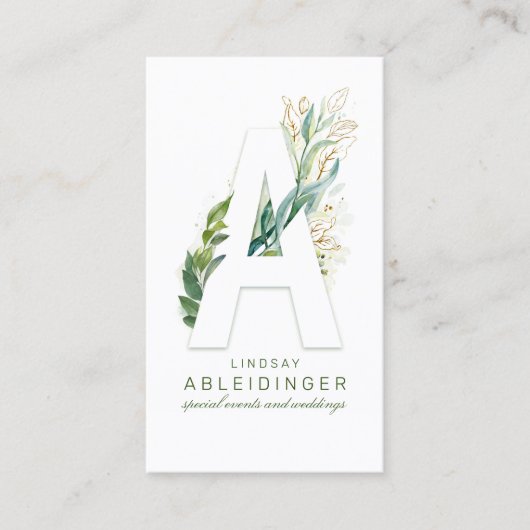 文字モノグラム金ゴールドの離れ緑エレガント草 名刺 (正面)