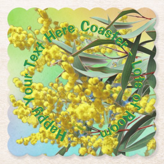 文字ワトルとガムの葉追加オージーの鱗片付きsq. ペーパーコースター (正面)