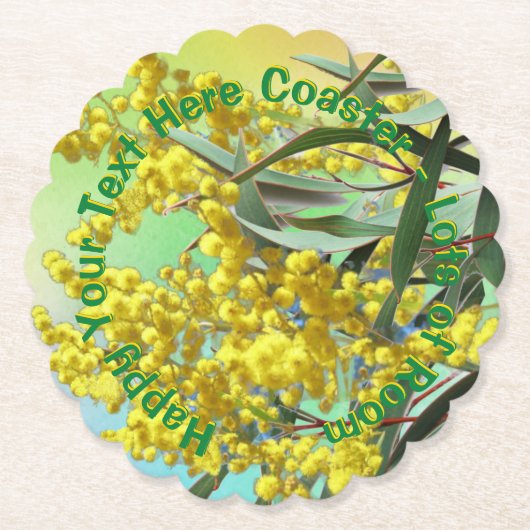 文字ワトルとガムの追加葉オージースカロップ ペーパーコースター (正面)