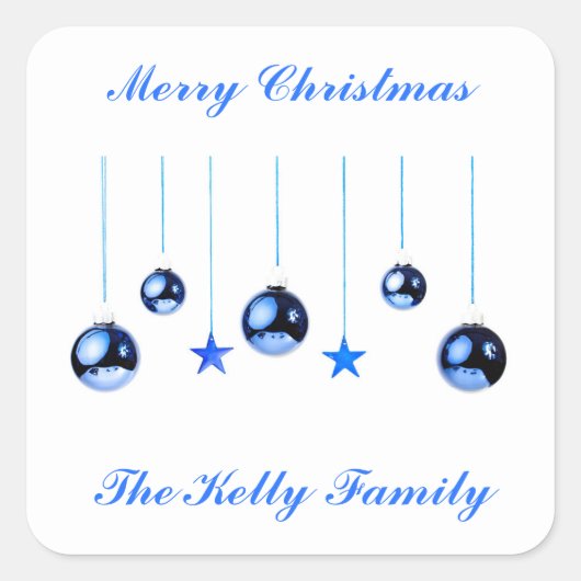 文字付き青いクリスマスデコレーションボール スクエアシール (正面)