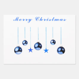 文字付き青いクリスマスデコレーションボール ラッピングペーパーシート