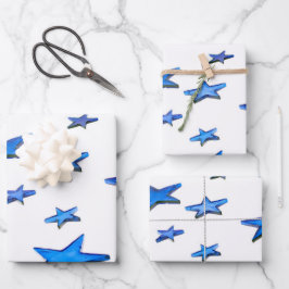 文字付き青い星クリスマスデコレーションフォト ラッピングペーパーシート