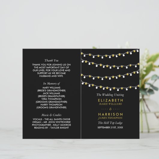 文字列モダンライト、白/金ゴールド結婚式 プログラム (スタンド正面)