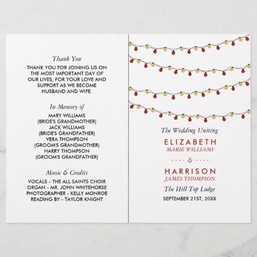 文字列モダンライト、赤と金ゴールド結婚式 プログラム (正面)