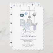 文字列モダン青ベビー文字ハート赤ちゃんシャワー 招待状 (正面/裏面)
