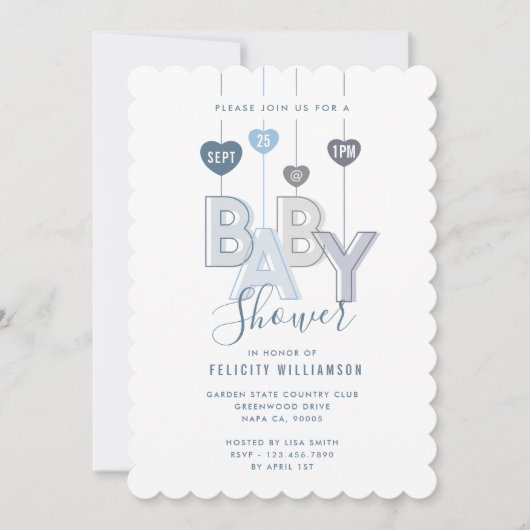 文字列モダン青ベビー文字ハート赤ちゃんシャワー 招待状 (正面)