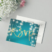 文字列ライトブルー金ゴールドスクリプトウェディングRSVP返信 インビテーションポストカード