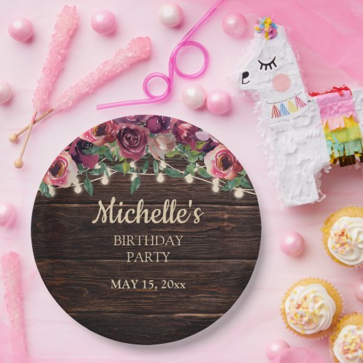 文字列素朴ライトパープルフローラ誕生日 ペーパープレート (パーティー)