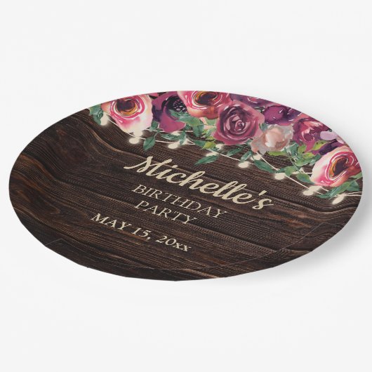 文字列素朴ライトパープルフローラ誕生日 ペーパープレート (アングル)