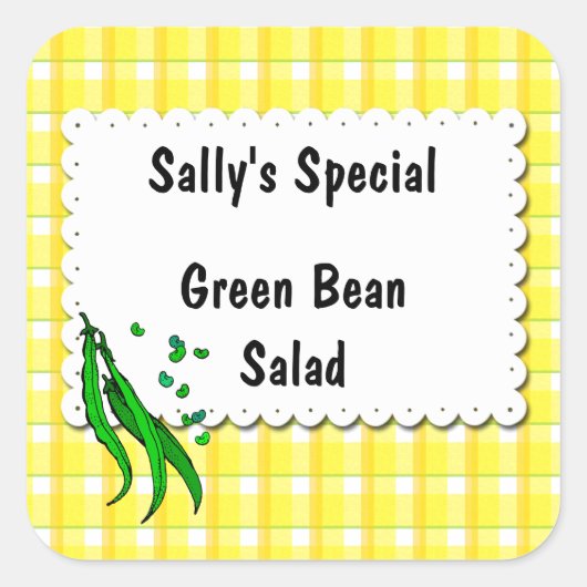 文字列Beansイエローチェックカスタムラベルの缶詰 スクエアシール (正面)