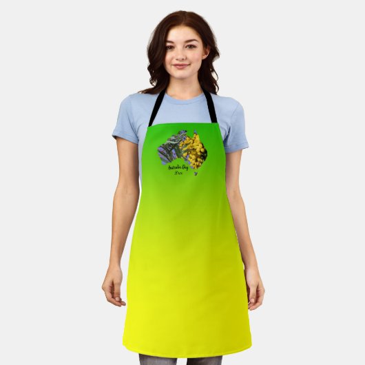 文字年の編集オーストラリア日ガムリーフワトル エプロン (着用した状態)