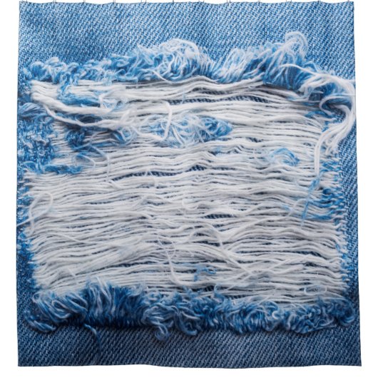 文字用の宇宙とブルーの破れたデニムジーンズのテクスチャ シャワーカーテン (正面)