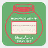 文字空白のボックス緑の赤いジャム瓶のふたラベルかわいい スクエアシール (正面)