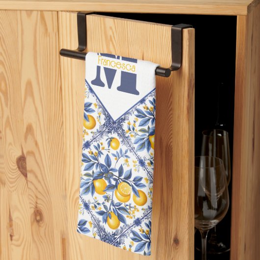 文字&イニシャル付き🍋レモンアズレジョ青 キッチンタオル (三つ折り)