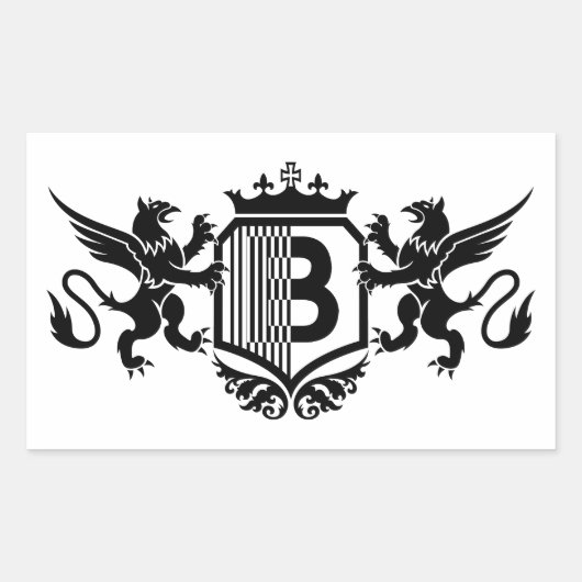 文字「B」の盾をはさんだ二体のグリフィン 長方形シール (正面)