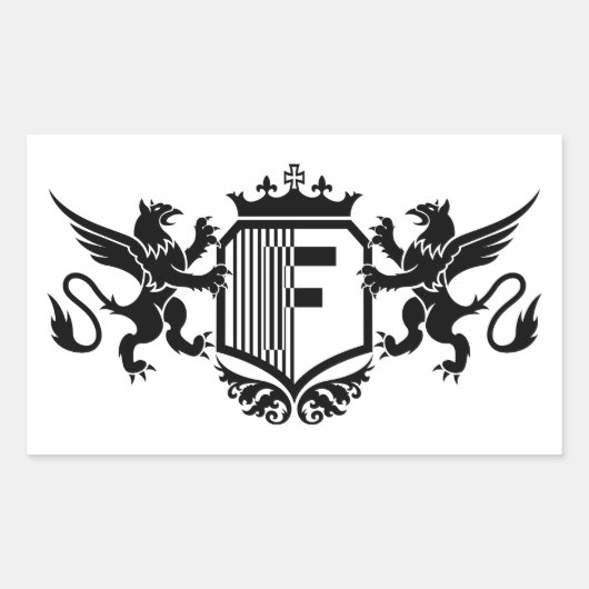 文字「F」が入った盾をはさむグリフィン 長方形シール (正面)