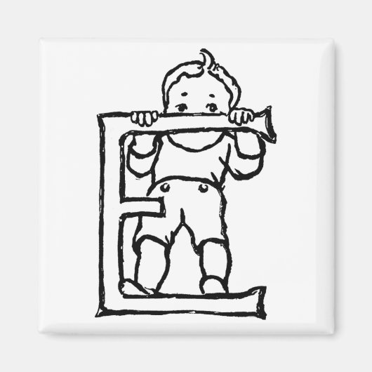 文字'E'の上に立つ少年 – マグネット (正面)