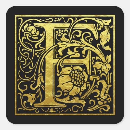 文字Fの先頭文字の金ゴールド（黒） スクエアシール (正面)