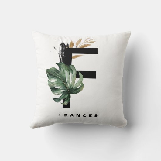 文字Fモノグラム |熱帯モンステラパーソナライズされた クッション (裏面)