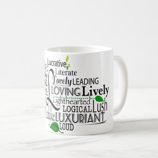 文字Lで始まる形容詞の単語クラウド コーヒーマグカップ (正面右)