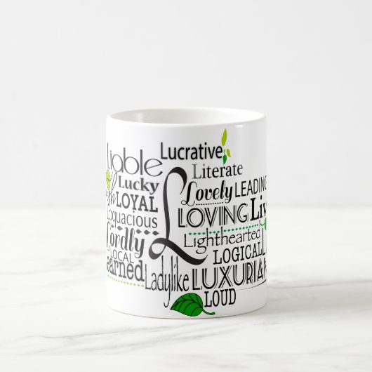 文字Lで始まる形容詞の単語クラウド コーヒーマグカップ (中央)